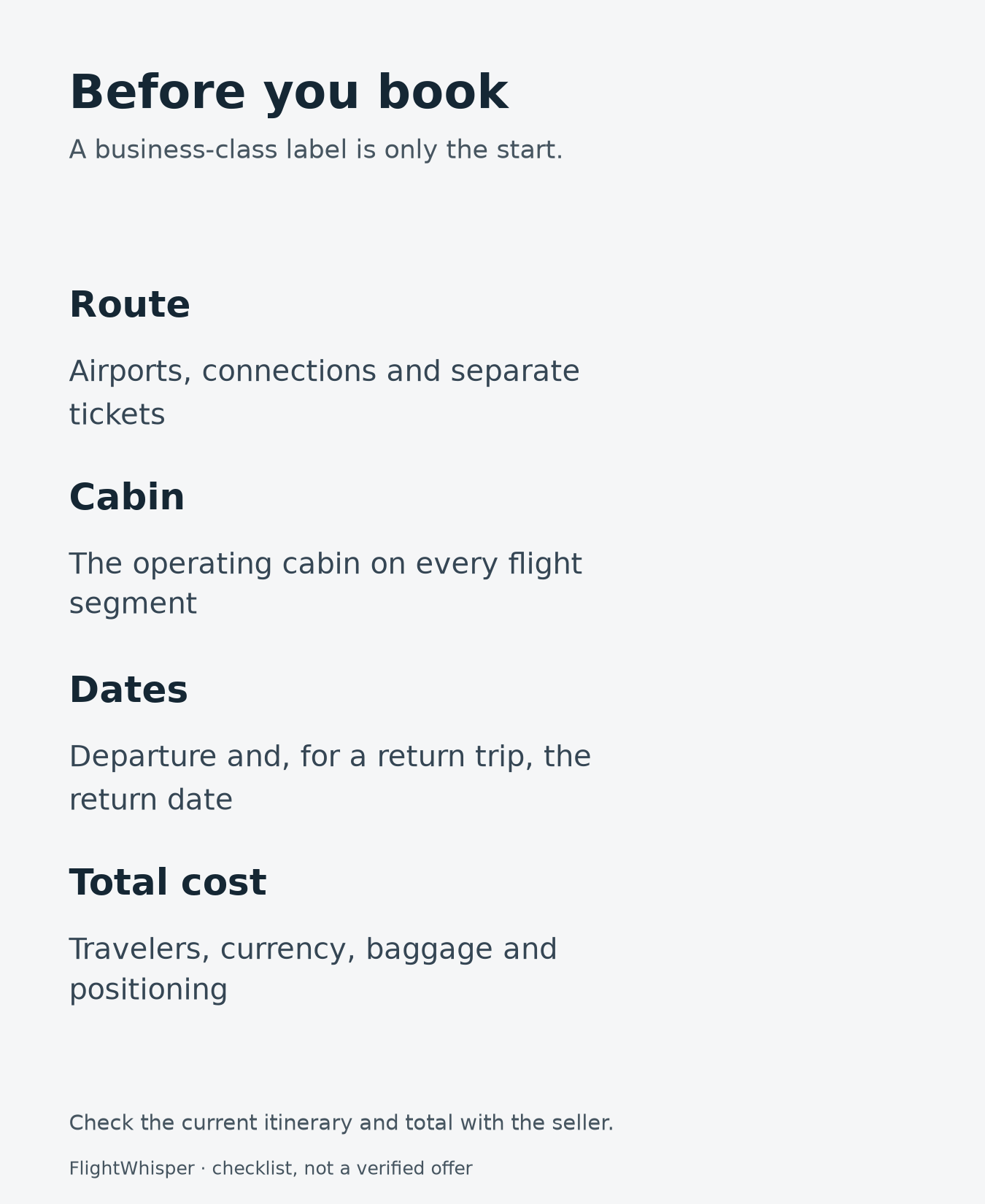 Before booking a business-class listing: check the airports and connections, cabin on each leg, complete dates and total trip cost