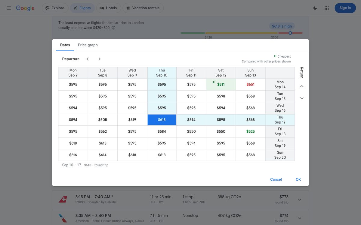 Google Flights date grid showing round-trip prices for every combination of departure and return dates