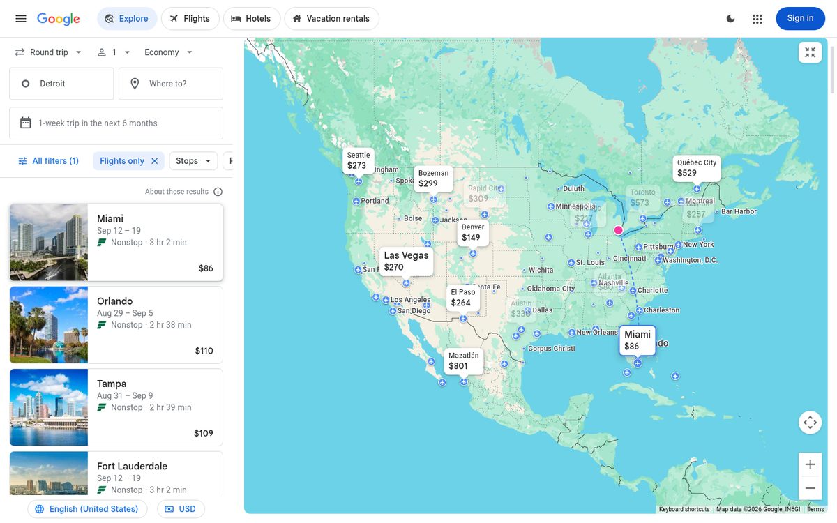 Google Flights Explore map showing prices to destinations across North America