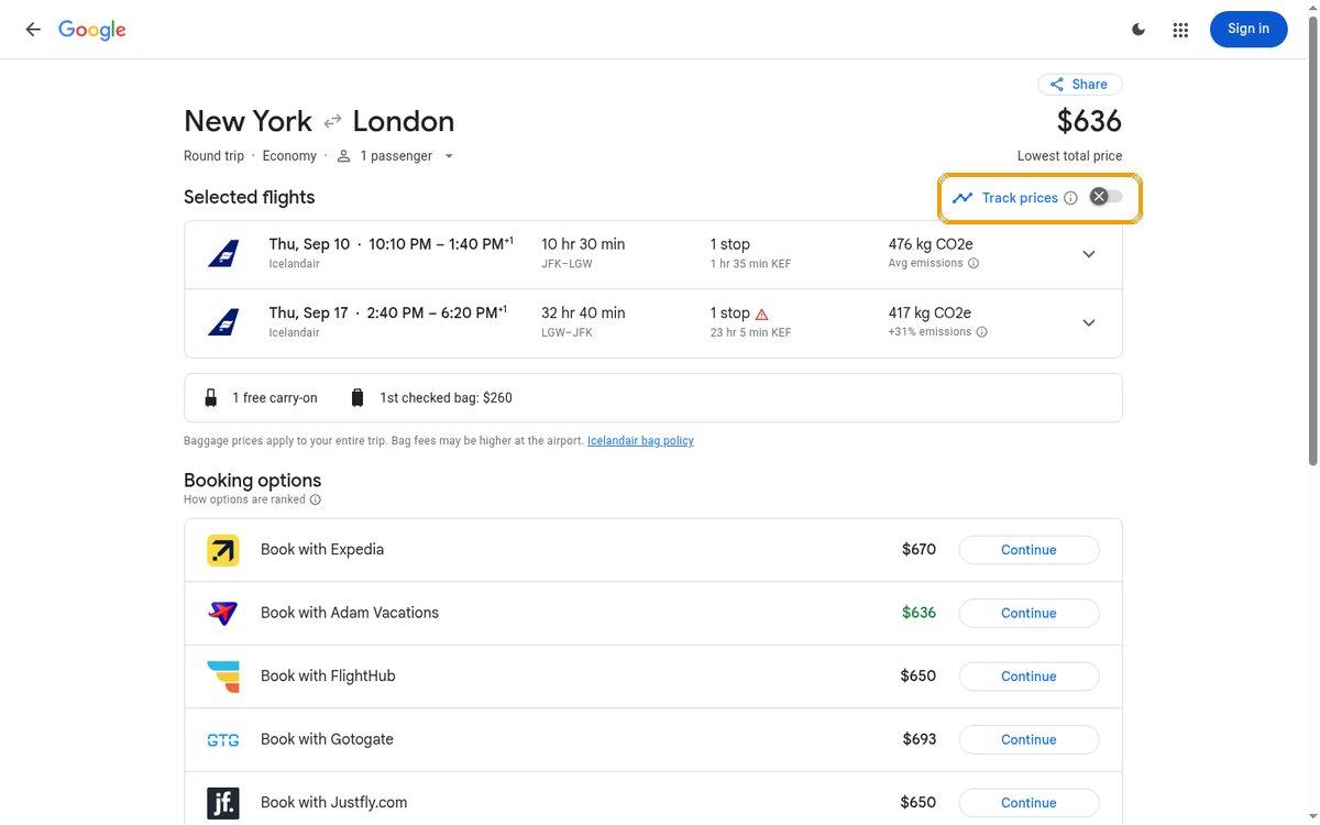 Google Flights itinerary page with selected outbound and return flights and its own Track prices toggle