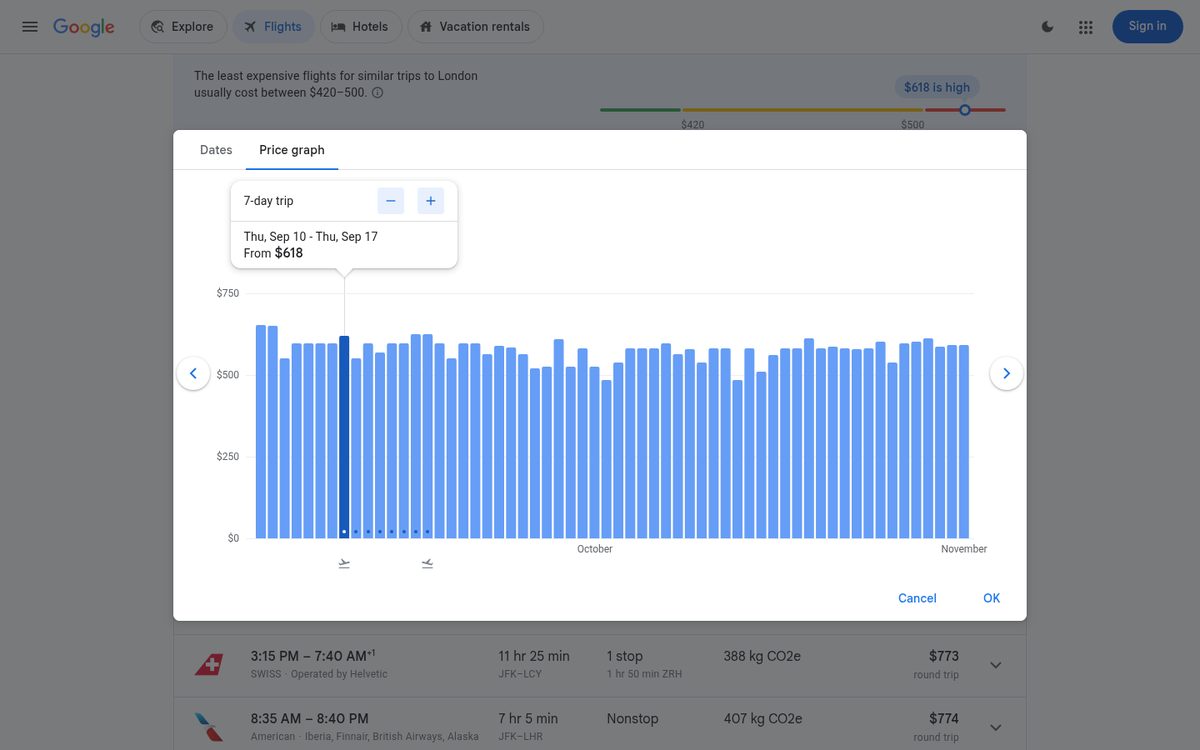 Google Flights price graph showing fares for a 7-day trip across coming months