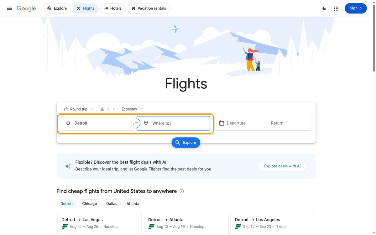Google Flights homepage with origin and destination fields