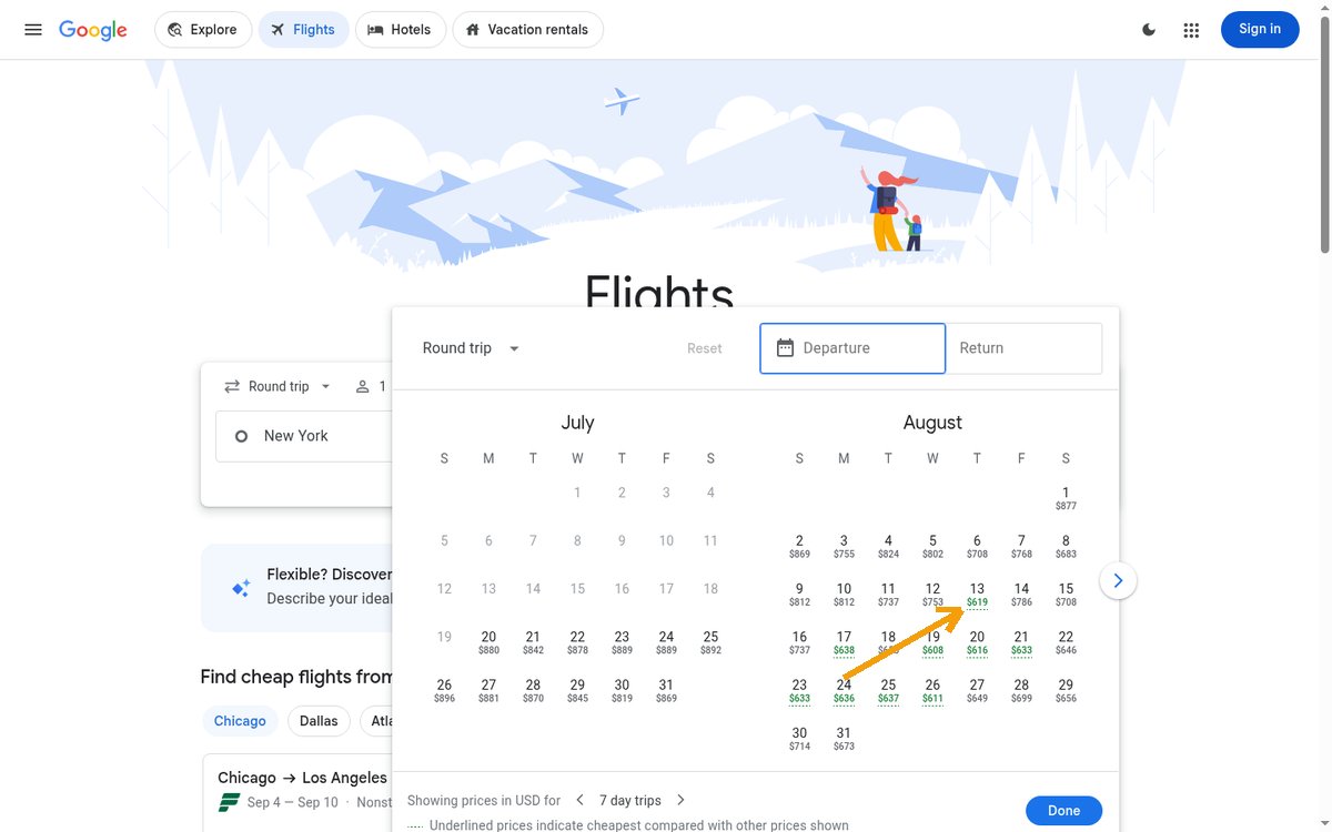 Google Flights date picker showing a price under every calendar day, with the cheapest dates underlined