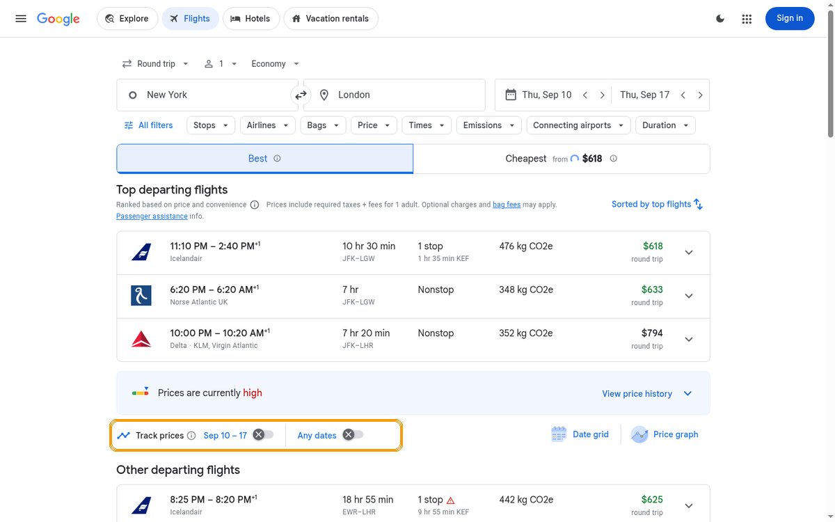 Google Flights search results for New York to London with the Track prices toggle below the top flights