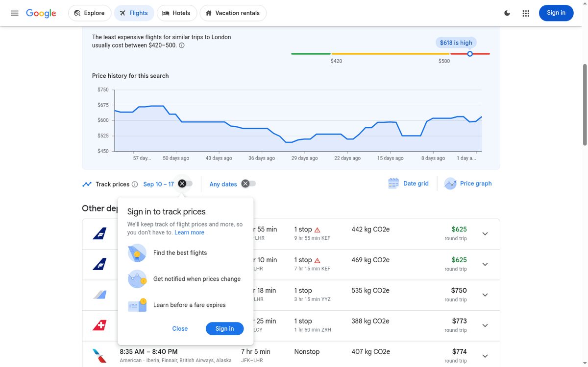 Google Flights sign-in prompt that appears when enabling price tracking while logged out